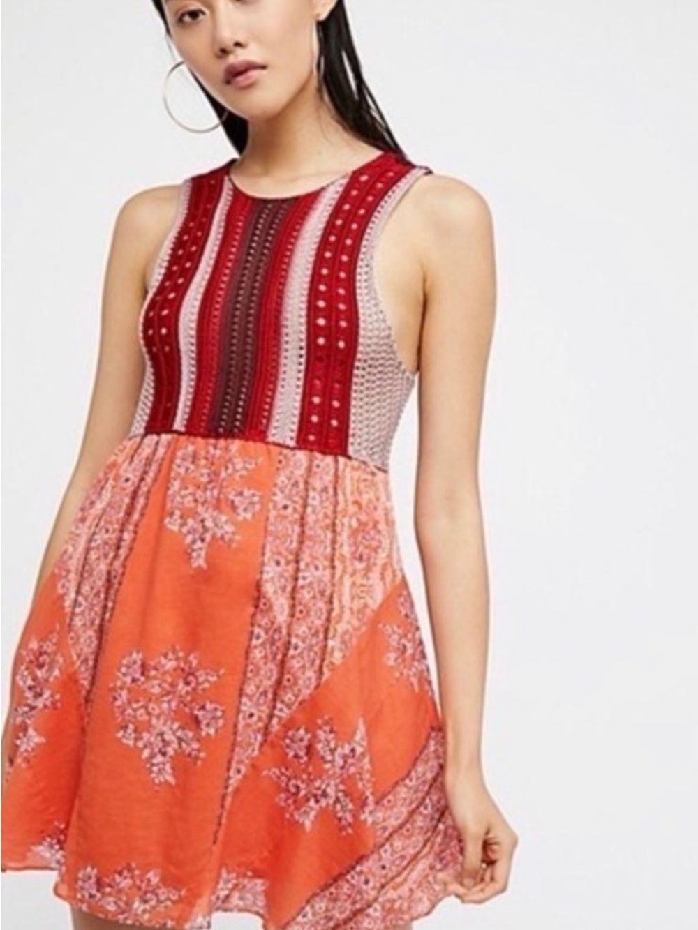 Free People Crochet Scarf Festival Mini Dress in Red and Orange